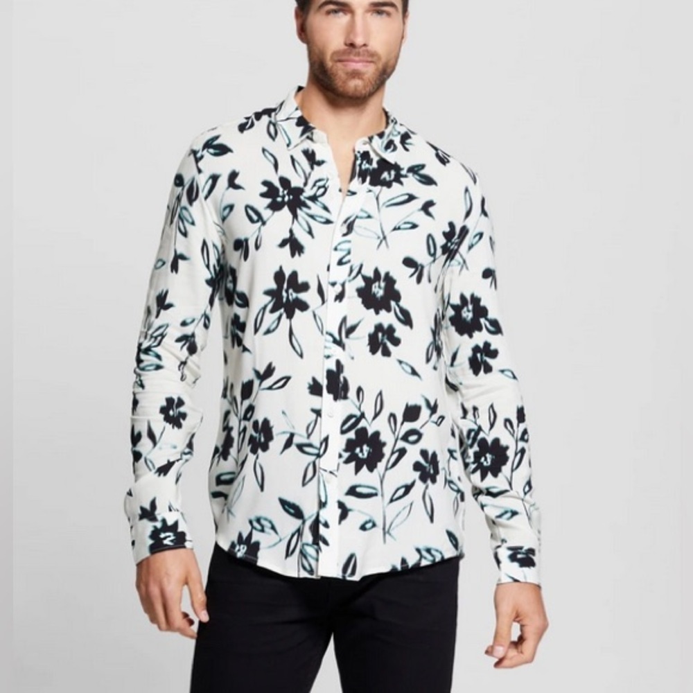 New Guess Black and White Floral Men's Shirt SZ XL